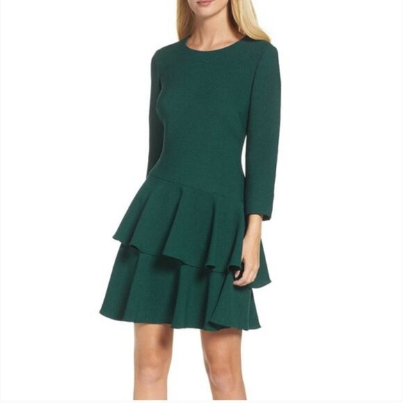 Eliza J. Green Knit Tiered Ruffle Long Sleeve Mini Dress Size 6 - Picture 4 of 13